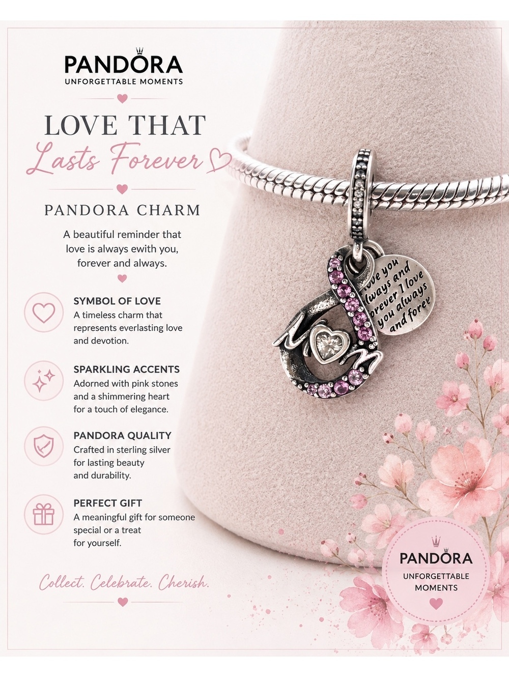 Pandora Love That Lasts Forever Charm with Pink Stones and Heart Pendant